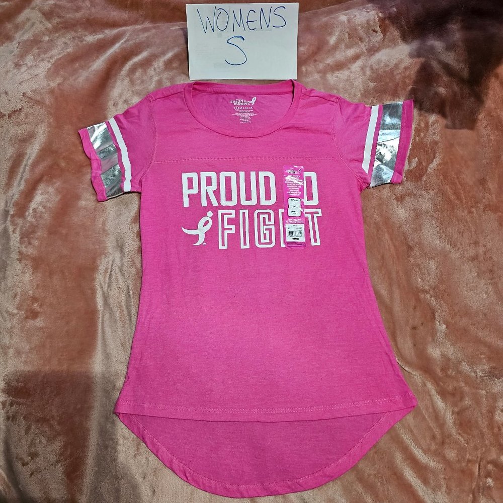 Womens S Susan G. Komen Breast Cancer Proud to Fight Glitter Graphic Tee NWT